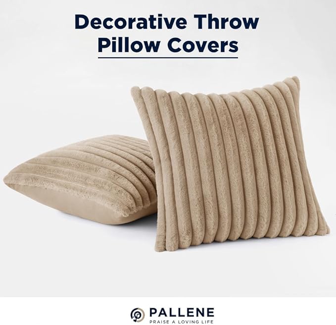 Pallene Faux Fur Plush Throw Pillow Covers 20x20 Set of 2, Luxury Soft Fluffy Striped Decorative Pillow Covers for Sofa, Couch, Living Room, Khaki