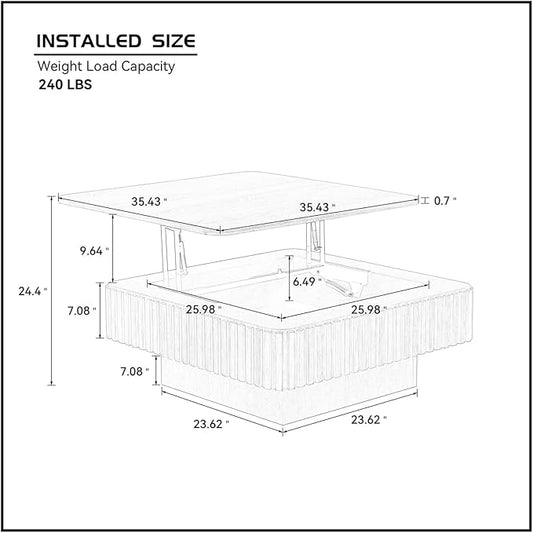 Square Lift-top Coffee Table for Living Room, Fluted Coffee Tables with Hidden Storage, Solid Wood Veneered Modern Tea Center Table for Small Space Apartment (Black-35.43''D×14.57''H)
