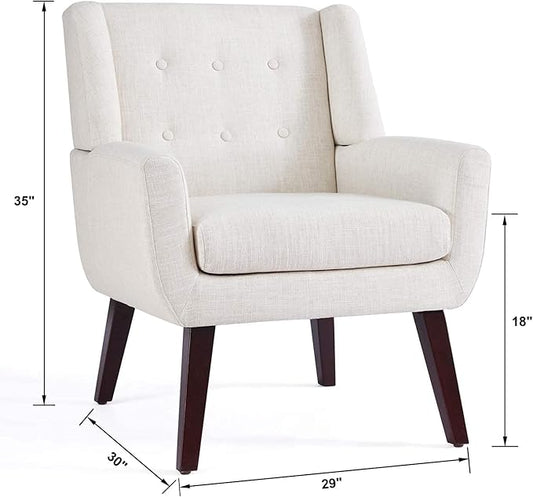 HUIMO Accent Chair Living Room Chair, Upholstered Button Tufted Armchair, Linen Fabric Sofa Chairs for Bedroom, Living Room, Mid-Century Modern Comfy Reading Chair (Beige)