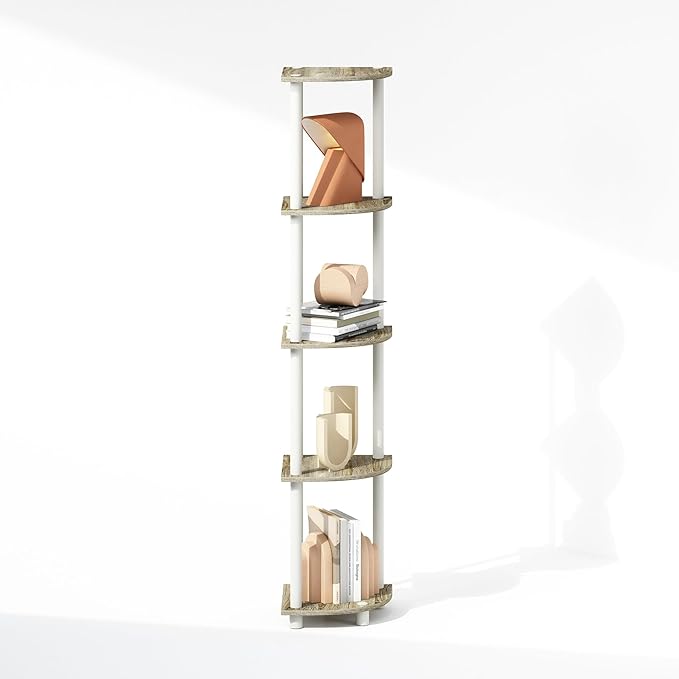 Furinno Turn-N-Tube Corner Shelf, 5-Tier Corner Display Rack, Shelving Unit, for Organization and Storage, Living Room, Home Office, Garage, Bedroom, Sonoma Oak