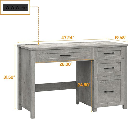 Farmhouse 47" Executive Desk, Computer Desk with File Drawer and Charging Station, Workstation for Home Office, Study(Grey).