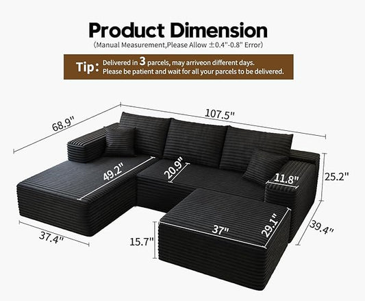107.5" Cloud Sectional Couch with 1 Ottoman,Modern Modular Sofa with Deep Seat, Comfort U Shaped Sofa Couches for Living Room Bedroom Apartments,No Assembly Required, (Black,Left Facing Chaise)