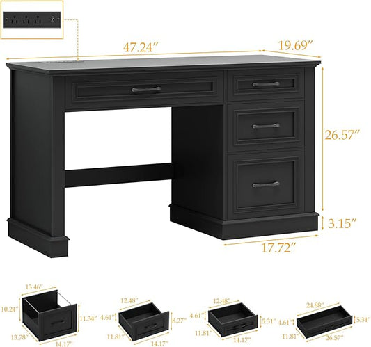 Farmhouse 47" Executive Desk, Computer Desk with Drawers and File Drawer, Workstation Computer Desk with Charging Station for Home Office, Study,(Pure Black)