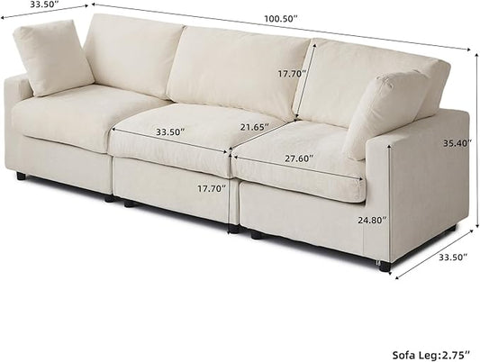 WJShome Modern Sectional Couches for Living Room,100 Inch 3-Seater Chenille Deep Seat Modular Sofa, Cloud Couch for Bedroom and Apartment,Beige