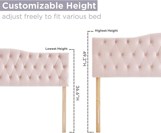 Upholstered King Headboard, Button Diamond Tufted Headboard with Adjustable Height and Solid Wood Leg, Velvet Padded Headboards for King Size Bed, Modern Head Board (Pink)