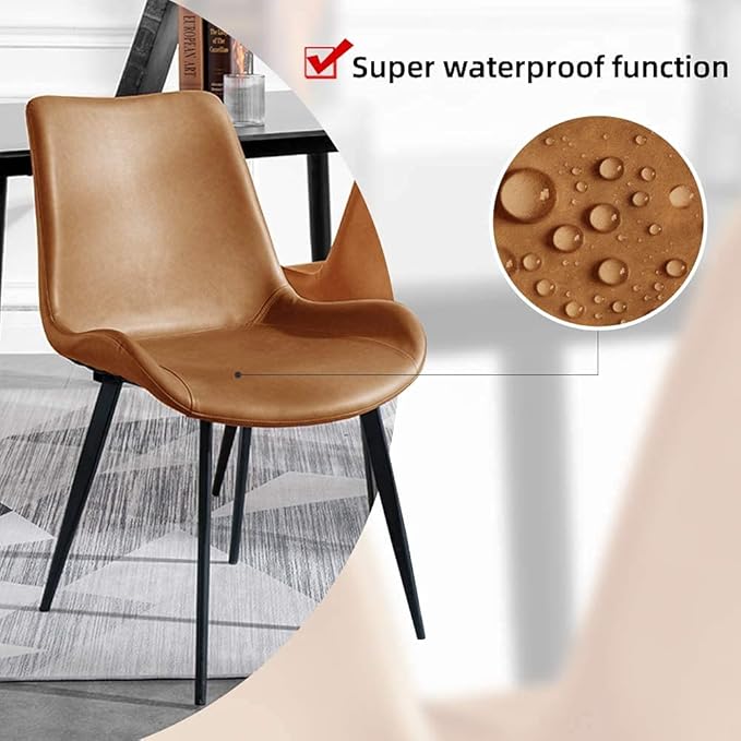 Dining Chairs Set of 2, Modern Kitchen & Dining Room Chairs, Upholstered Faux Leather Cushion Seat and Sturdy Metal Legs (2 Brown Chairs)