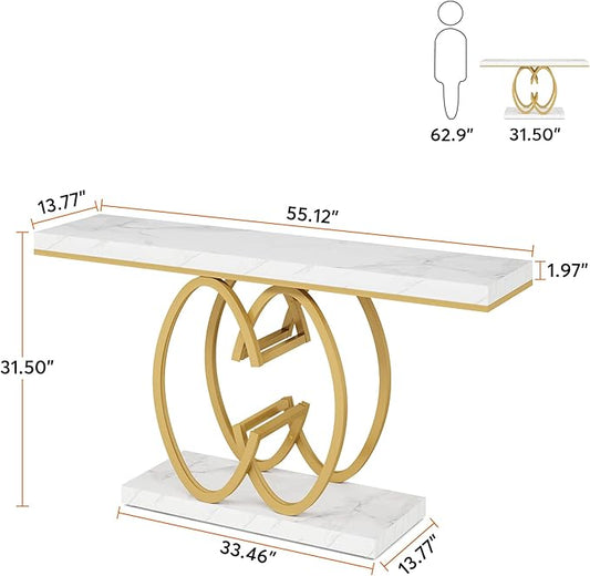 Tribesigns 55 Inch Console Table for Hallway, Faux Marble Gold Entryway Table with Geometric Metal Base, Modern Narrow Sofa Accent Table for Entrance, Living Room, Foyer (White & Gold)