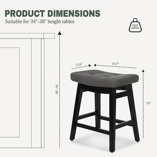 Counter Height Bar Stools Set of 3 for Kitchen Counter Farmhouse Modern Barstools with Faux Leather Upholstered Backless Seat and Solid Wood Legs 24 inch Bar Chairs, Grey + Black