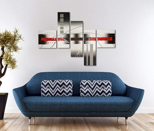 Wieco Art Extra Large Size 5 Piece Perfect White Lines Modern Stretched and Framed Artwork 100% Hand-Painted Abstract Oil Paintings on Canvas Wall Art 5pcs/set