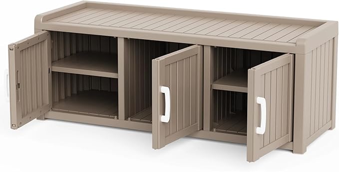 3 Doors Shoe Bench, Waterproof & UV-Resistant, Resin Shoe Cabinet Indoor & Outdoor Use, Entryway Bench with Adjustable Shelves & Hidden Storage Space for Bedroom, Hallway, Grey