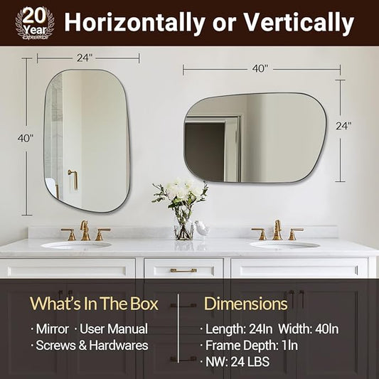 ANDY STAR 24"x40" Irregular Wall Mirror,Polished Chrome Asymmetrical Bathroom Mirror with Stainless Steel Metal Frame, Wall-Mounted Mirror for Bathroom, Entryway (Horizontal/Vertical)
