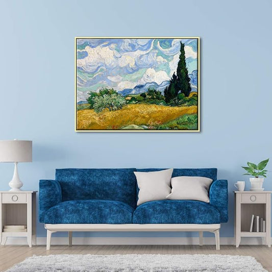 Wieco Art Framed Canvas Art Wheat Field with Cypresses by Van Gogh Classical Paintings Reproduction Modern Canvas Print Wall Art Landscape Pictures Artwork for Home Office Decor