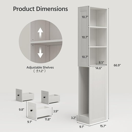 LAUSAINT HOME Tall Bathroom Storage Cabinet, Anti-Tipping Narrow Floor Cabinet with 2 Adjustable Shelves & 3-Level Drawers for Small Space, Home, Bathroom, Kitchen, Laundry (White)