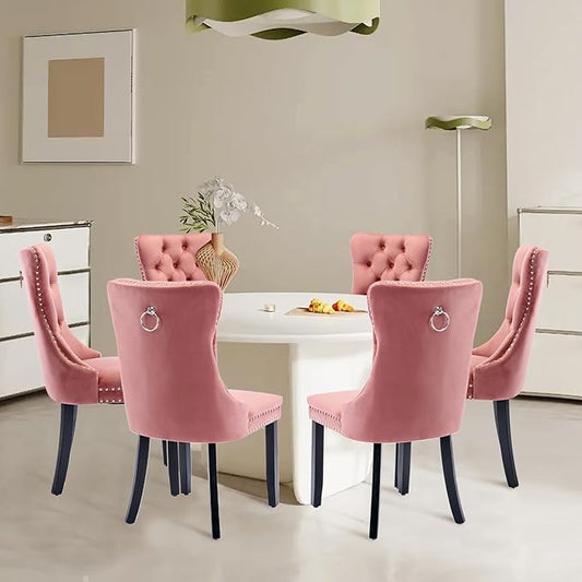 Velvet Upholstered Dining Chairs Set of 6, Modern Style Kitchen Side Chairs with Nailhead Trim and Wood Legs,Metal Pulling Ring for Dining Room Living Room(Pink)