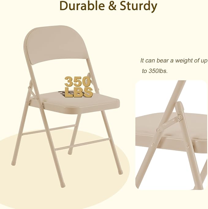 Khaki Folding Chairs 50 Pack with Comfortable Cushion and Back, 330LBS Capacity, Portable & Foldable Indoor Outdoor Chairs with Durable Metal Frame for Office Party Events Kitchen Dinning Wedding