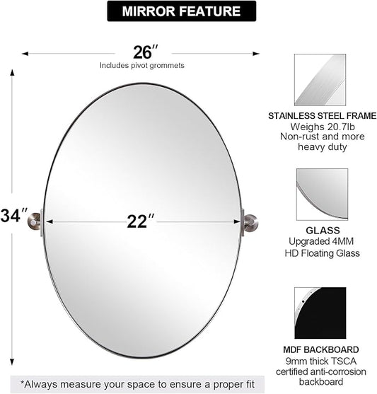 ANDY STAR Brushed Nickel Bathroom Mirror, 22 x 34 Inch Oval Pivot Mirror for Wall, Unique Farmhouse Tilt Mirror in Slim Silver Stainless Steel Metal Frame for Bedroom, Powder Room