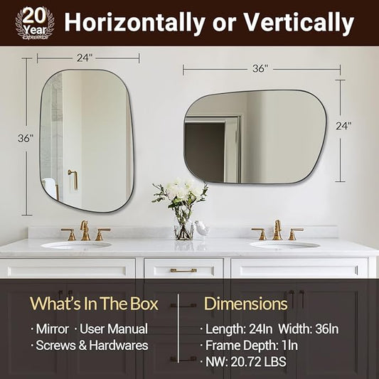 ANDY STAR Brushed Nickel Mirror, 24"x36" Silver Asymmetrical Wall Mirror for Bathroom, Unique Irregular Design with SUS304 Stainless Steel Metal Frame, Ideal for Bathroom, Bedroom, Entryway