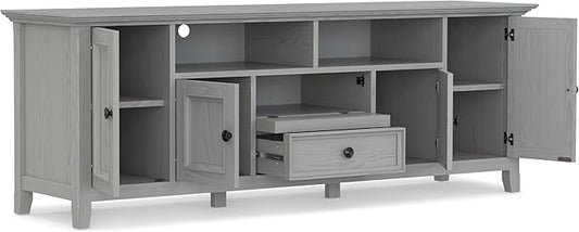 SIMPLIHOME Amherst 72-inch Wide Solid Wood TV Stand in Fog Grey, Transitional-Style Media Console for Living Room with Cable Management and Adjustable Shelves, Fits 80" TVs