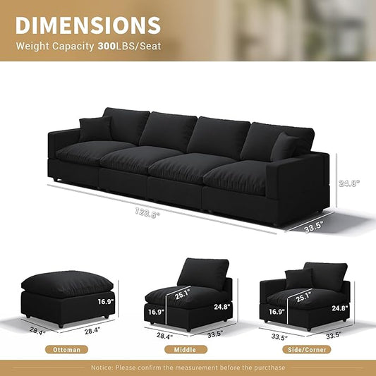 Modern Sectional Linen Couch for Living Room,4 Seat Modular Cloud Sofas,Detachable Couch Cushion Covers,Cozy Feather Down Sofa for Apartment Black