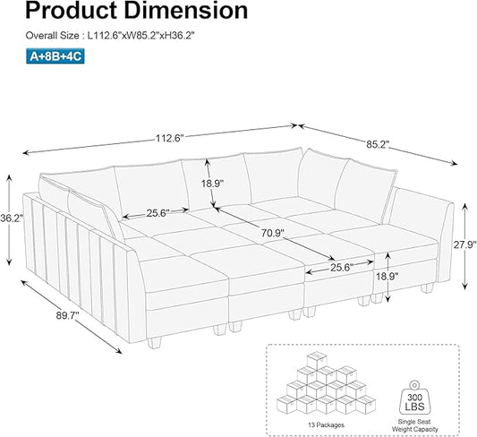 Belffin Oversized Modular Sectional Sofa Sleeper Sectional Couch with Storage Chenille Sofa Bed for Living Room, 12 Seats, Dark Grey