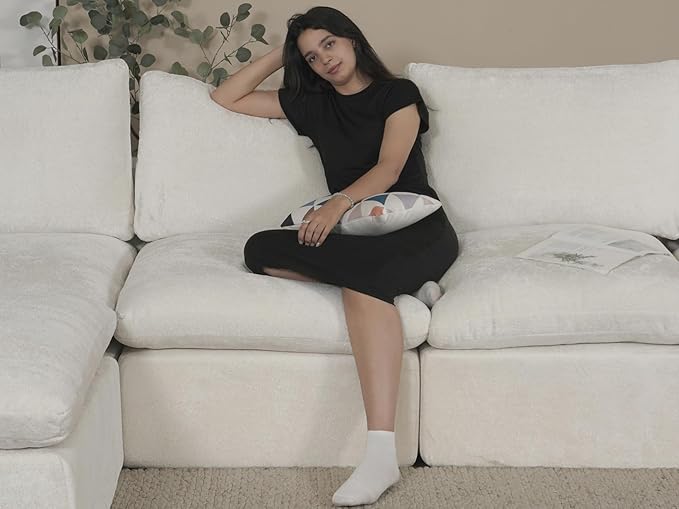 EASE MOOSE Oversized Cloud Couch Sectional Sofa, L-Shaped Large Modular Couch for Living Room, Minimalist Boneless Convertible Couches with Ottoman, 5-Seat Deep Sofas for Bedroom, Chenille (White)