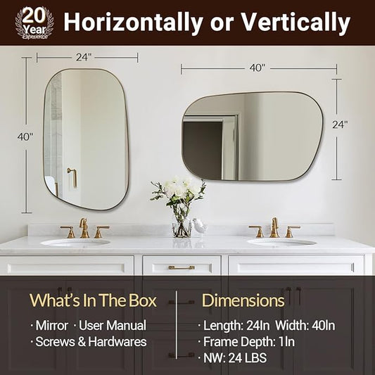 ANDY STAR 24"x40" Asymmetrical Wall Mirror,Brushed Gold Irregular Bathroom Mirror with Stainless Steel Metal Frame, Wall-Mounted Mirror for Bathroom, Entryway (Horizontal/Vertical)