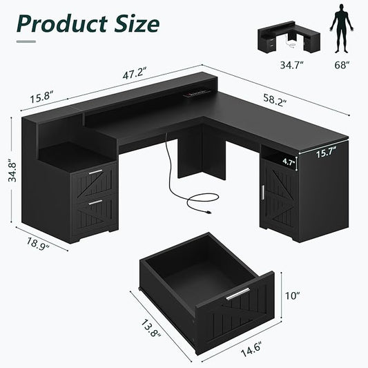 63" Farmhouse L Shaped Desk with Drawers & Storage Shelf, Corner Computer Desk with Power Outlets for Home Office, Executive Desk with Monitor Stand, Printer Shelf, Black