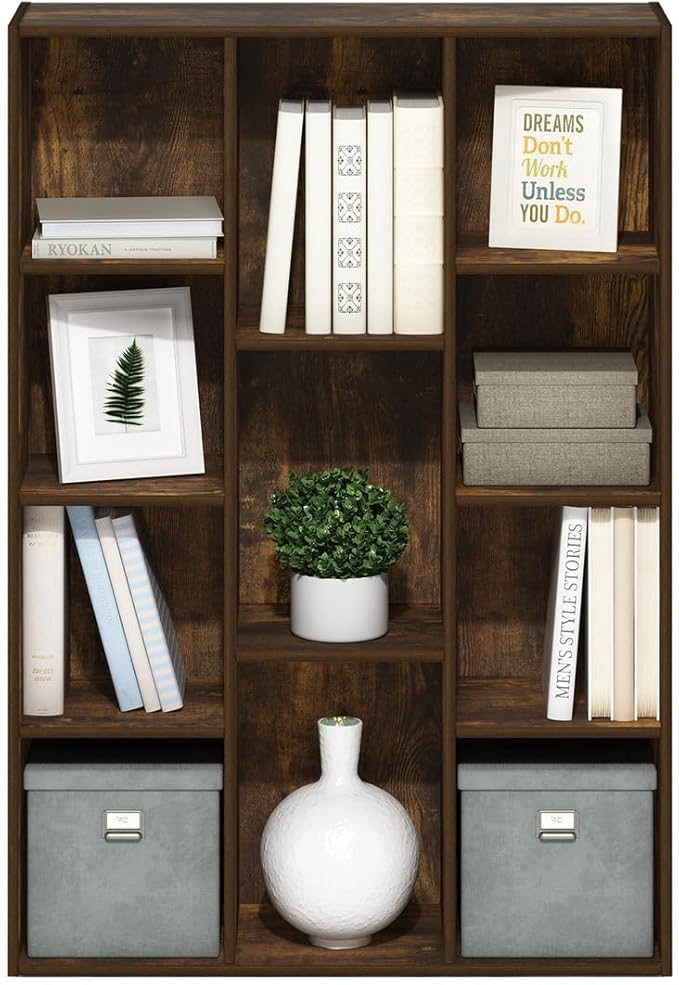 Furinno LUDER Book Shelf, 11-Cube Bookshelf, Reversible Bookcase, 9.4 x 29.1 x 41.7, for Living Room, Bedroom, Home Office, Amber Pine
