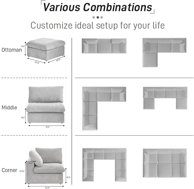 Cloud Modular Sectional Sofa with Storage Ottoman,120.45" L Shaped Couch for Living Room,Down Filled Convertible Couch Deep Seat for Office Apartment,Covers Washable&Replaceable (Gray)