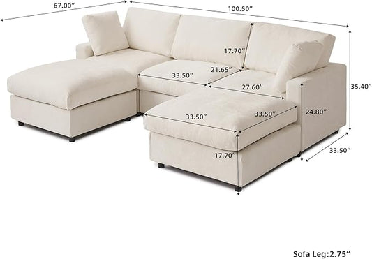 WJShome 100 Inch U Shaped Modern Sofa Modular Sectional Cloud Couch with 2 Ottoman, 4-Seat Chenille Deep Seat Couches for Living Room, Bedroom and Apartment,Beige