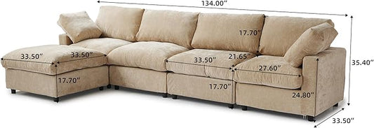 WJShome L Shaped Sectional Couch 134 Inch 4-Seater Modern Modular Sofa with Ottoman,Chenille Deep Seat Couches for Living Room, Bedroom and Apartment,Khaki