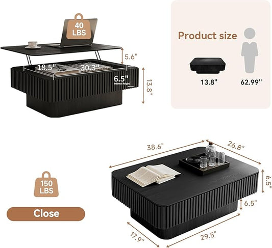 Lift Top Coffee Table for Living Room, Fluted Coffee Tables with Storage, Solid Wood Veneered Modern Accent Tea Center Table for Small Space Apartment (Black-38.6''D×26.8''H)