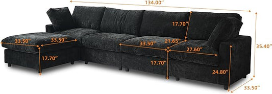 WJShome L Shaped Sectional Couch 134 Inch 4-Seater Modern Modular Sofa with Ottoman,Chenille Deep Seat Couches for Living Room, Bedroom and Apartment,Black