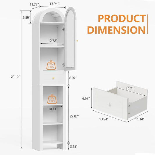70" Tall Bathroom Storage Cabinet with Acrylic Door,Narrow Storage Cabinet with Drawer Adjustable Shelves, Modern Arched Design Bathroom Cabinet for Bathroom, Living Room, Kitchen, White