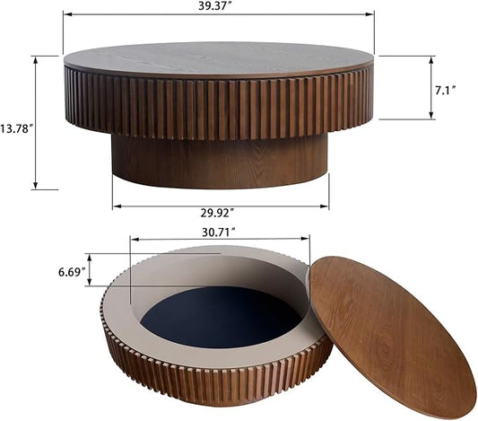 39.37'' Round Coffee Table for Living Room, Fluted Coffee Table with Hidden Storage, Solid Wood Veneered Circle Tea Table, Modern Tea Table for Small Space Apartment (Walnut)