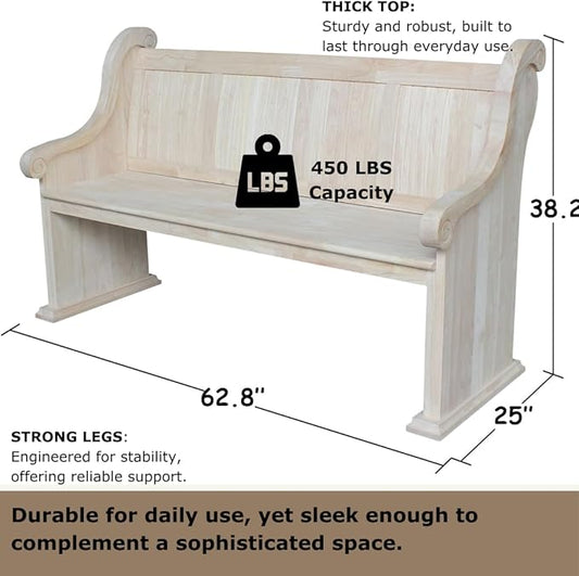 IC International Concepts, Sanctuary Bench, Solid Real Wood, Sturdy Parawood, Entryway/Dining/Living, Spacious Dimensions 58" W x 17.7" D x 18" H, 450 LBS Capacity, Paint/Stain Ready, Unfinished