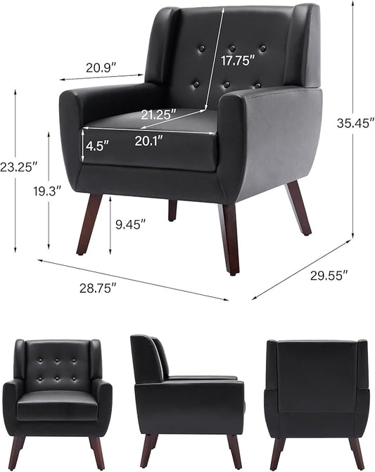 Accent Chair, Mid-Century Modern PU Leather Chairs with Arms for Living Room, Comfy Upholstered Club Single Sofa Armchair for Bedroom Waiting Room with Solid Wood Frame(Leather Black, Set of 2)