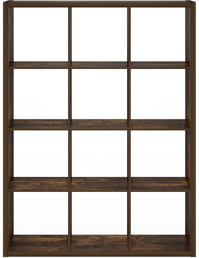 Furinno Cubicle Book Shelf, 12-Cube Thick Frame Bookshelf, Reversible Bookcase with Open Back, 14.6 x 43.8 x 58, for Living Room, Bedroom, Home Office, Amber Pine
