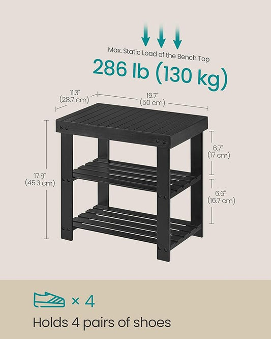 SONGMICS Shoe Rack Bench, 3-Tier Bamboo Shoe Storage Organizer, Entryway Bench, Holds Up to 286 lb, 11.3 x 19.7 x 17.8 Inches, for Entryway Bathroom Bedroom, Ink Black ULBS001B01