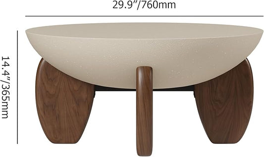 homary Round Concrete Coffee Table with Premium Walnut Ash Wood Legs, Modern Minimalist Cement Finish Center Table for Living Room