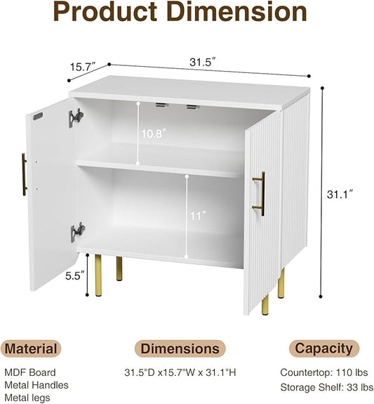 Modern Fluted White Storage Cabinet with 2 Doors, Adjustable Shelves, and Metal Legs, Accent Buffet Sideboard for Living Room, Dining Room, Entryway (White & Gold)