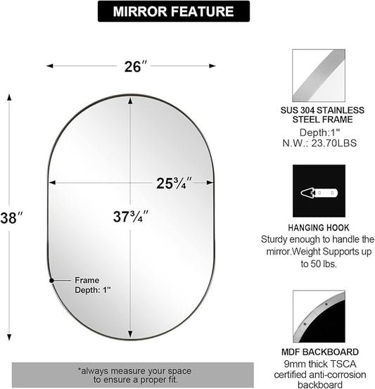 ANDY STAR Chrome Oval Mirror 26x38’’ Pill-Shaped Mirror Chrome Metal Framed for Bathroom Vanity in 1 Inch Stainless Steel Meatl Frame Anti-Rust Wall-Mounted Vertically/Horizontally