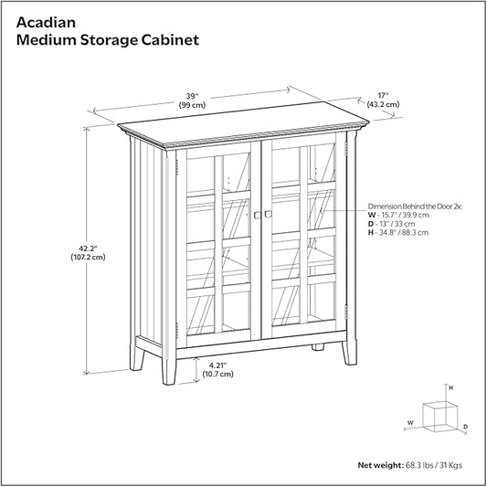 SIMPLIHOME Acadian Storage Cabinet - 39 inch Wide Solid Wood 4-Shelf Display Cabinet in Light Golden Brown, Transitional Cupboard for Living Room or Dining Room with Glass Doors and Adjustable Shelves