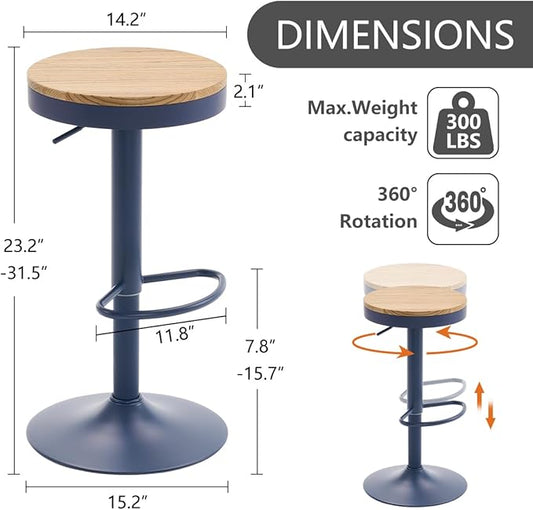 Kidol & Shellder Bar Stools Set of 2 Round Adjustable Swivel Barstools Modern Backless Bar Chairs Wooden Seat Counter Height Stools Armless for Kitchen Island, Cafe, Dining Room Blue