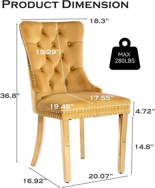 Velvet Upholstered Dining Chairs Set of 2, Modern Style Kitchen Side Chairs with Nailhead Trim and Gold Plated Leg, Metal Pulling Ring for Dining Room Living Room(Gold-Gold Plated Leg)