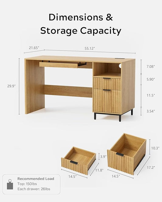 Fluted Executive Desk, 55" Modern Wood Home Office Desk with Charging Station, File Drawer, Open Storage, Computer Writing Desk for Work Study Writing, Natural Oak