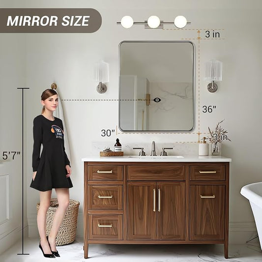 ANDY STAR Wall Mirror for Bathroom, 30x36 Inch Brushed Nickel Bathroom Rectangle Mirror, Modern Rectangular with Thick Tube Metal Frame for Vanity Over Sink, Horizontal/Vertical
