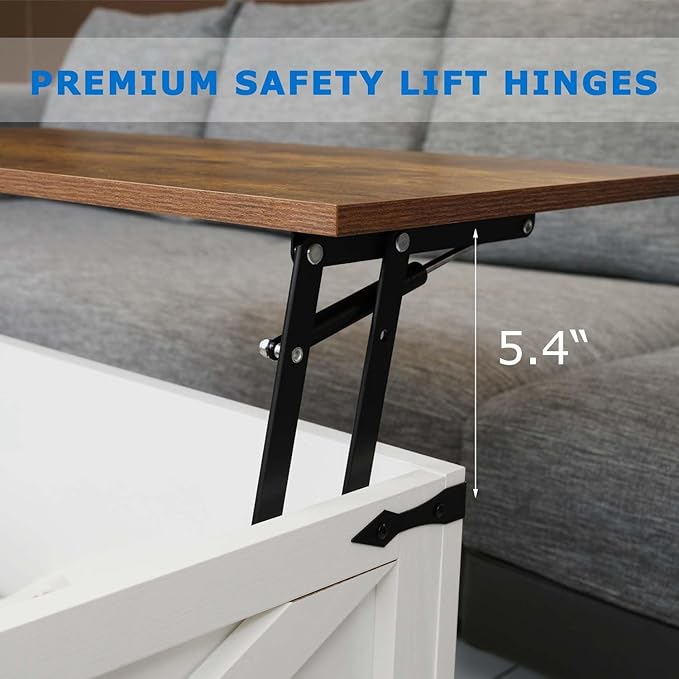 Farmhouse Coffee Table Set of 3, 1 Lift Top Coffee Table with Sliding Barn Doors and 2 End Tables with Charging Station, Living Room Table Set for Home Office, White