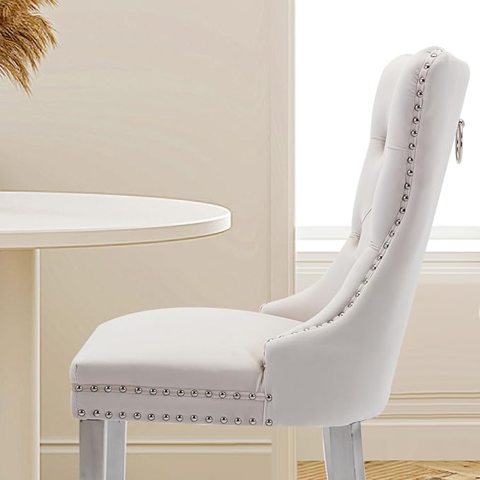 Velvet Upholstered Dining Chairs Set of 8, Modern Style Kitchen Side Chairs with Nailhead Trim and Silver Plated Leg, Metal Pulling Ring for Dining Room Living Room(Creamy White)