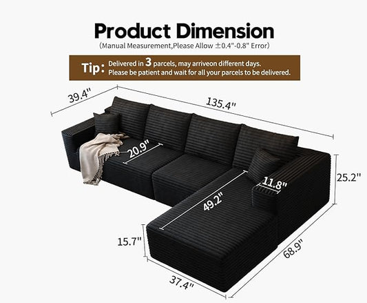 135.4" Cloud Modular Sectional Sofa Couch with L-Shape Chaise,Modern Minimalist Upholstered Couches for Living Room Bedroom,Deep Seat Corner Couch,No Assembly Required (Black,Right Facing Chaise)